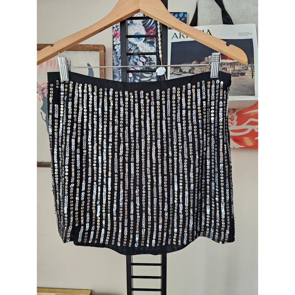 Theory Rickena S Glister Black Silk Sequin Mini Skirt Silver Gold A0802317 sz 6
